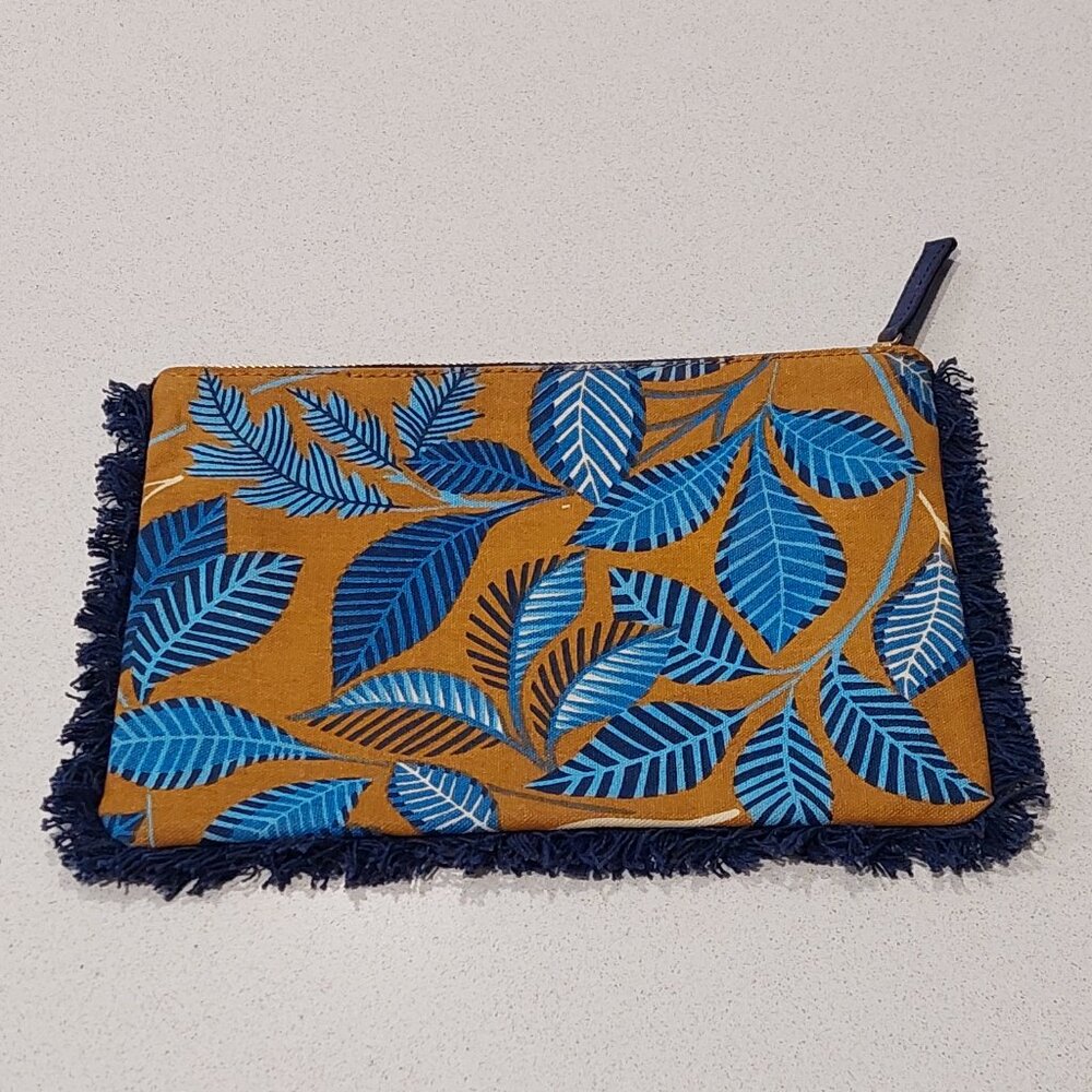 Inouitoosh Paris, France Blue Leaves Fringe Zip Pouch Case - Picture 2 of 11
